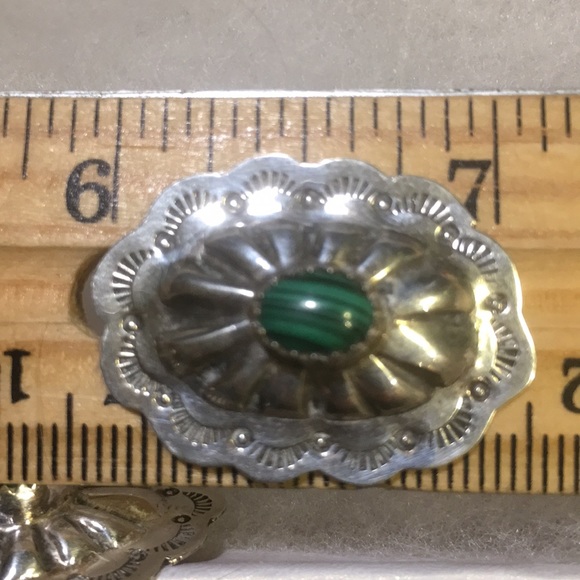 Vintage Navajo Sterling Silver Green Malachite Large Oval Post Earrings Signed - Picture 12 of 16